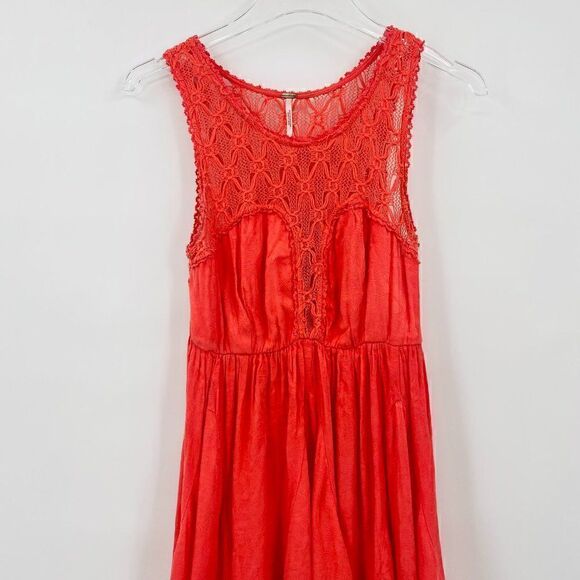 Free People Size XS Fiesta Coral Pink Crochet Lace Boho Sleeveless Mini Dress - Picture 4 of 10